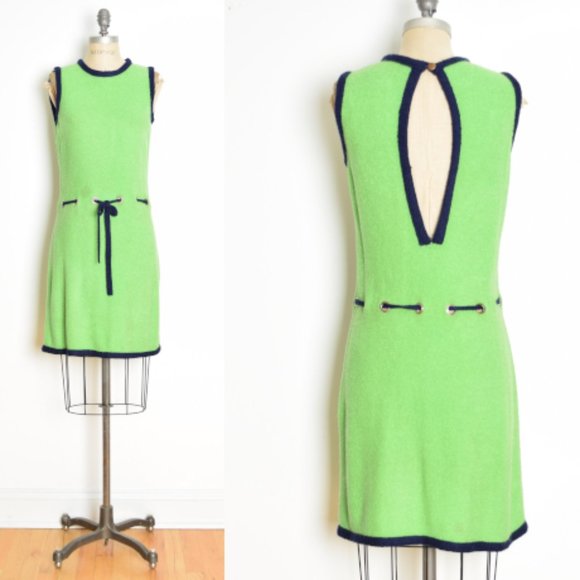 vintage 60s dress green navy mod boucle knit cutout twiggy sleeveless midi M - Picture 1 of 9